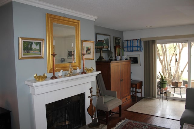 living area featuring wood finished floors, a fireplace, and ornamental molding