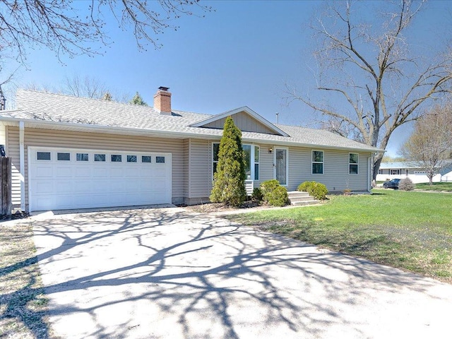 ranch-style house featuring driveway, a chimney, roof with shingles, a front yard, and an attached garage