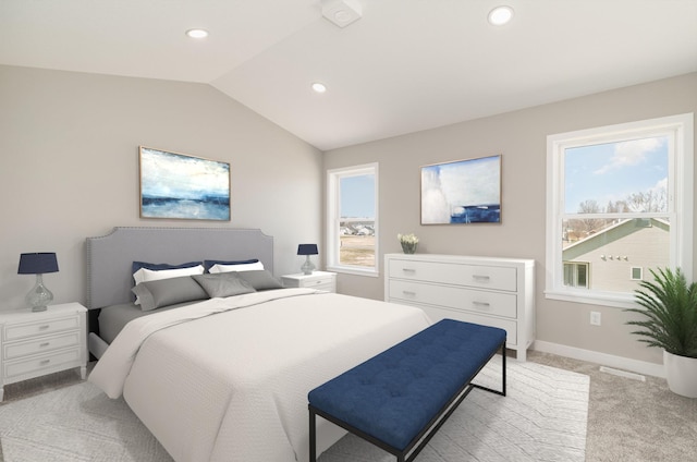 bedroom with recessed lighting, vaulted ceiling, baseboards, and light carpet