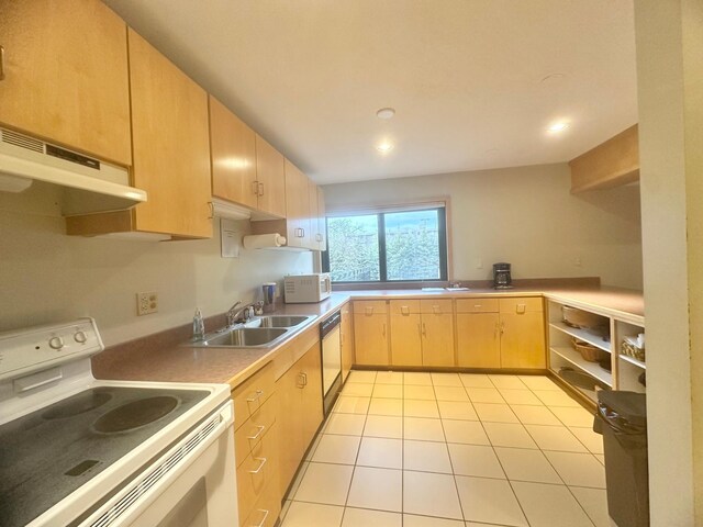 4120 Parklawn Ave Unit 134, Edina, MN 55435 - kitchen featuring light brown cabinets, white appliances, light tile patterned floors, under cabinet range hood, and a sink