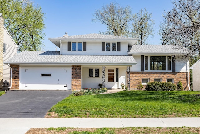 tri-level home with driveway, a front yard, an attached garage, and brick siding