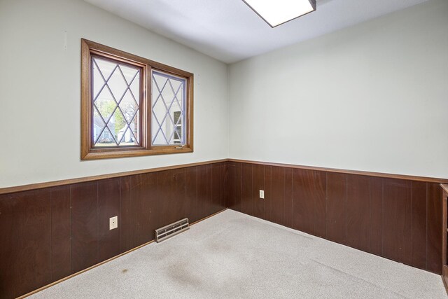 carpeted spare room featuring a wainscoted wall and wooden walls