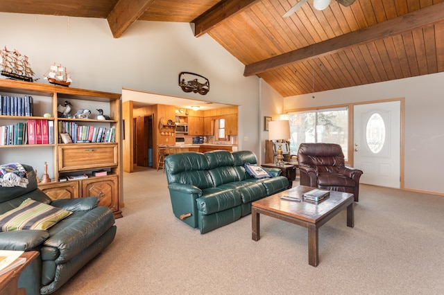 8236 Lake Carlos Dr NE, Carlos, MN 56319 - living room with light carpet, wooden ceiling, and a ceiling fan