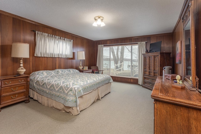 8236 Lake Carlos Dr NE, Carlos, MN 56319 - bedroom featuring carpet flooring, wooden walls, and a textured ceiling