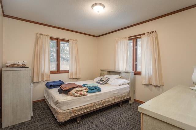 8236 Lake Carlos Dr NE, Carlos, MN 56319 - bedroom with multiple windows, crown molding, baseboards, dark carpet, and a textured ceiling