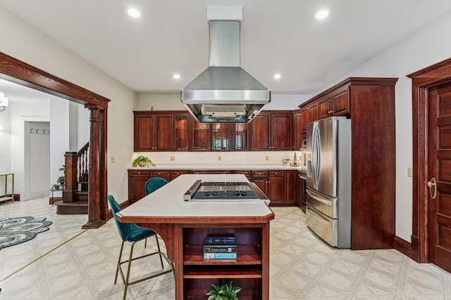 3220 50th Ave, Cady Twp, WI 54749 - kitchen featuring stainless steel appliances, island range hood, light floors, light countertops, and open shelves
