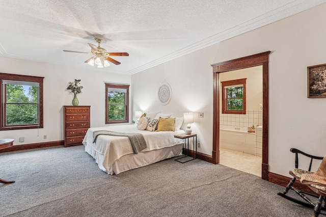 3220 50th Ave, Cady Twp, WI 54749 - carpeted bedroom featuring multiple windows, baseboards, ornamental molding, a textured ceiling, and ensuite bathroom