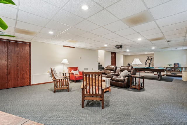 3220 50th Ave, Cady Twp, WI 54749 - carpeted living area featuring a paneled ceiling, pool table, recessed lighting, and baseboards