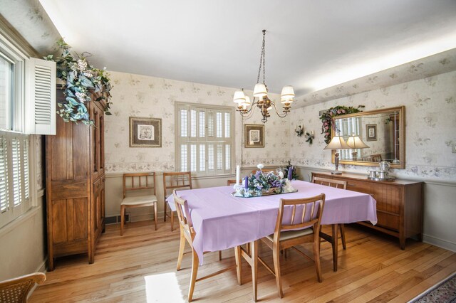 240 S St S, Owatonna, MN 55060 - dining space with wallpapered walls, light wood-type flooring, and a chandelier