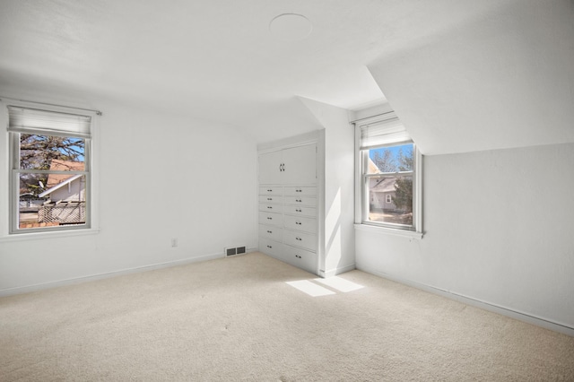 additional living space featuring lofted ceiling, carpet, plenty of natural light, and baseboards