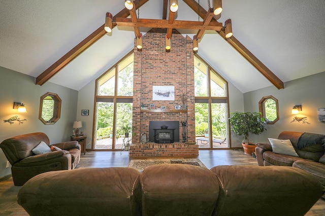 living room featuring beamed ceiling, high vaulted ceiling, and wood finished floors