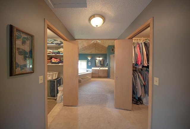 hallway featuring light carpet and a textured ceiling