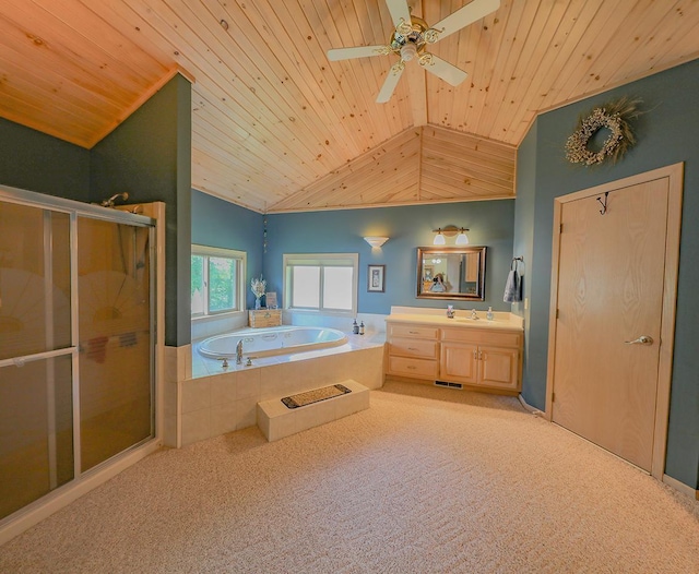 full bath with wooden ceiling, vanity, vaulted ceiling, a shower stall, and a garden tub
