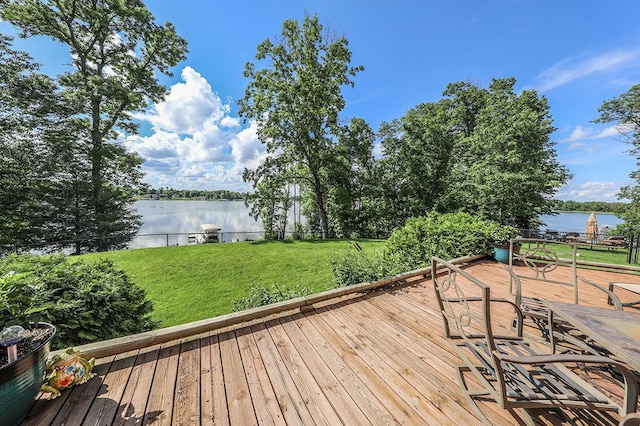 wooden deck featuring a water view and a yard