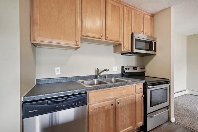 4110 Rahn Rd Unit 124, Eagan, MN 55122 - kitchen featuring stainless steel appliances, dark countertops, light brown cabinets, a baseboard heating unit, and a textured ceiling