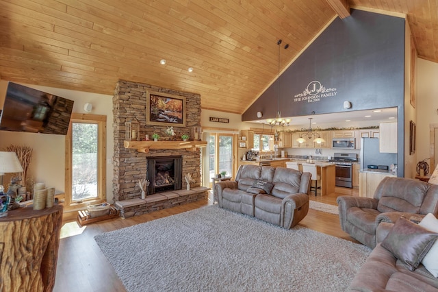 31690 Large Pine Trl, Laporte, MN 56461 - living area with wood ceiling, a chandelier, a fireplace, light wood finished floors, and high vaulted ceiling