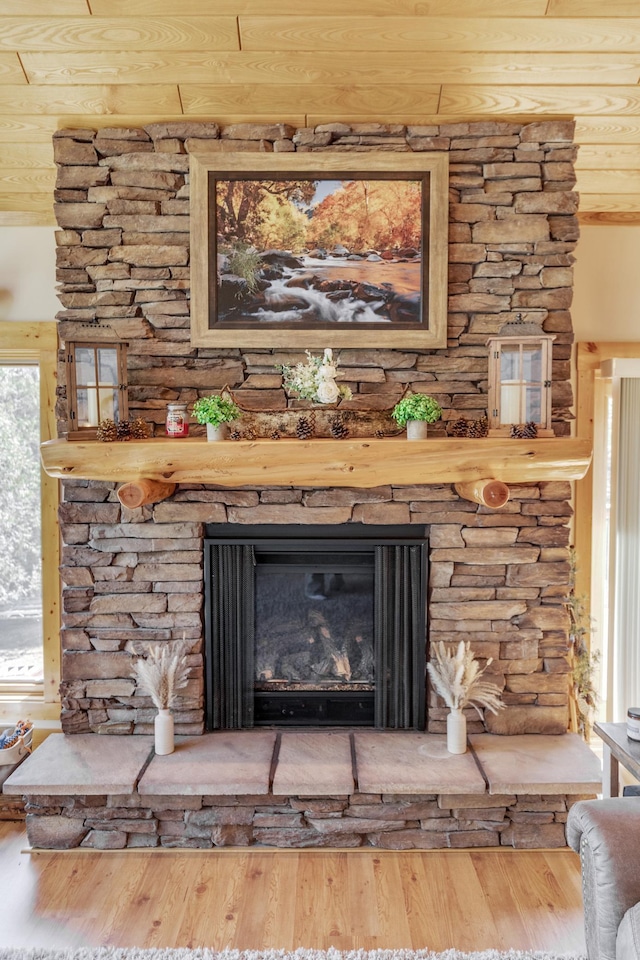 31690 Large Pine Trl, Laporte, MN 56461 - detailed view of a fireplace, wood finished floors, and wood ceiling