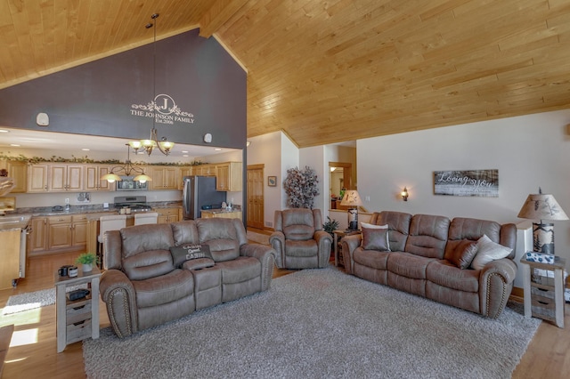31690 Large Pine Trl, Laporte, MN 56461 - living area with wooden ceiling, a chandelier, light wood finished floors, and high vaulted ceiling