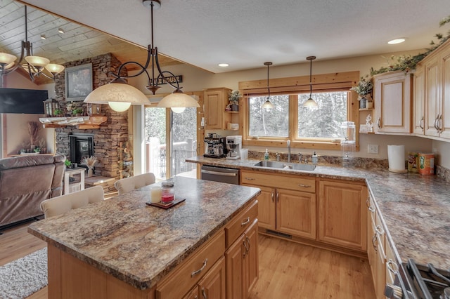 31690 Large Pine Trl, Laporte, MN 56461 - kitchen with a sink, open shelves, stainless steel appliances, light wood-type flooring, and vaulted ceiling