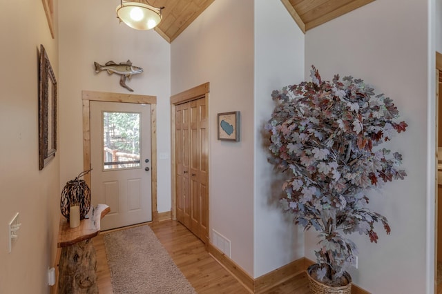 31690 Large Pine Trl, Laporte, MN 56461 - foyer with light wood-style floors, wooden ceiling, baseboards, and high vaulted ceiling
