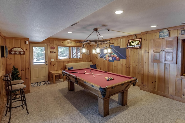 31690 Large Pine Trl, Laporte, MN 56461 - game room with wooden walls, a textured ceiling, pool table, light colored carpet, and recessed lighting