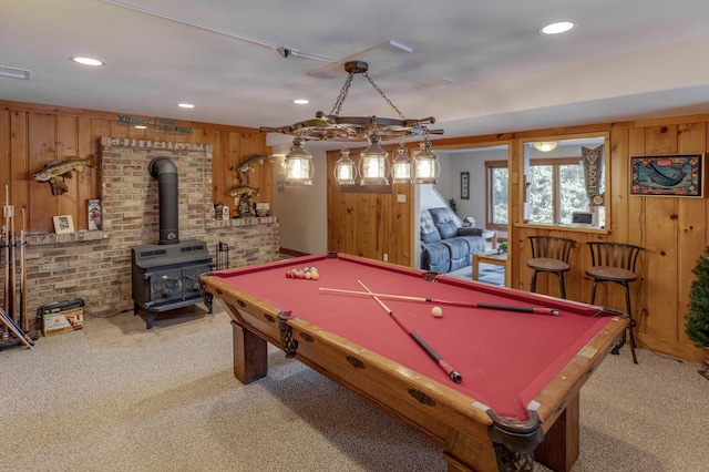 31690 Large Pine Trl, Laporte, MN 56461 - game room featuring wood walls, carpet flooring, a wood stove, billiards table, and recessed lighting