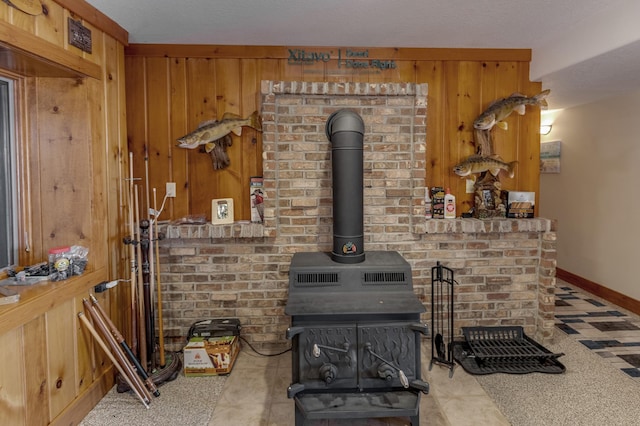 31690 Large Pine Trl, Laporte, MN 56461 - detailed view of a wood stove, wood walls, and baseboards