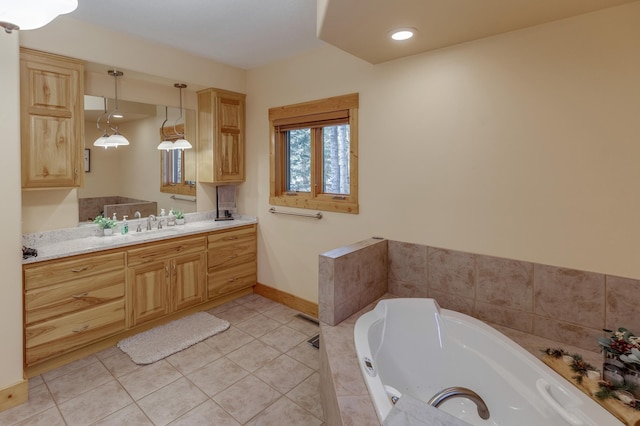 31690 Large Pine Trl, Laporte, MN 56461 - full bathroom with vanity, a whirlpool tub, tile patterned floors, baseboards, and recessed lighting