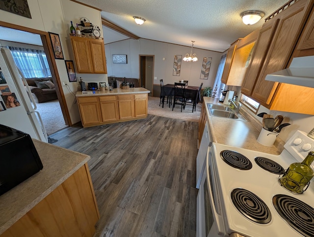 kitchen with a sink, white appliances, a chandelier, dark wood-type flooring, and lofted ceiling