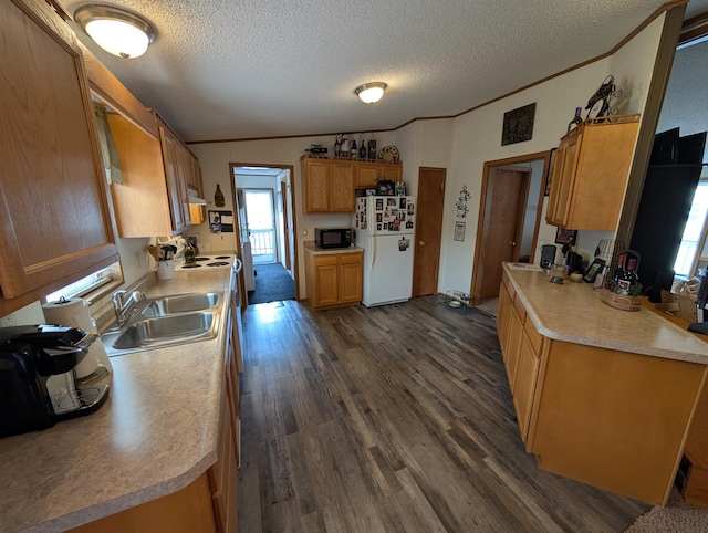 kitchen with white appliances, dark wood-type flooring, a textured ceiling, ornamental molding, and a sink
