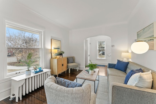4001 Sheridan Ave S, Minneapolis, MN 55410 - living room with dark wood-style floors, ornamental molding, arched walkways, radiator heating unit, and baseboards