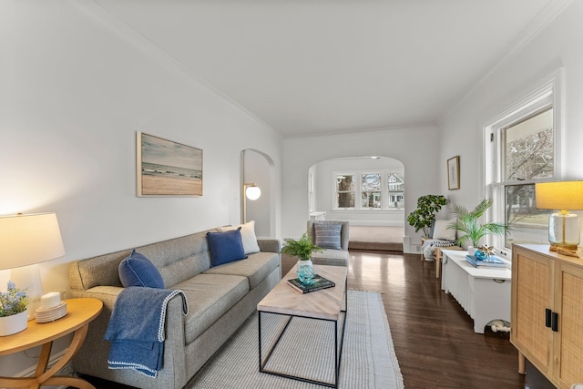 4001 Sheridan Ave S, Minneapolis, MN 55410 - living area with arched walkways, ornamental molding, and dark wood finished floors