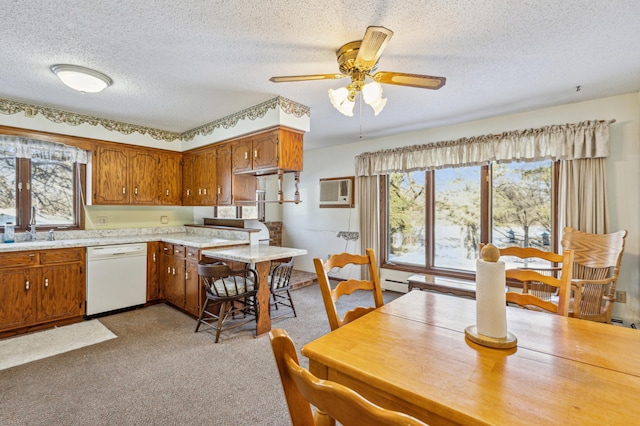 kitchen featuring light countertops, a wealth of natural light, dishwasher, and a textured ceiling
