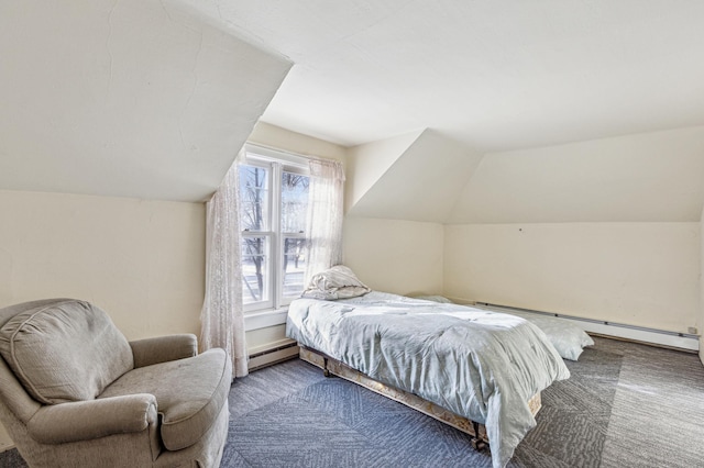 bedroom featuring a baseboard heating unit, carpet flooring, and lofted ceiling