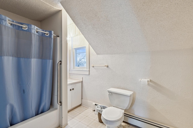 full bath with toilet, shower / tub combo with curtain, a textured ceiling, vanity, and a baseboard heating unit
