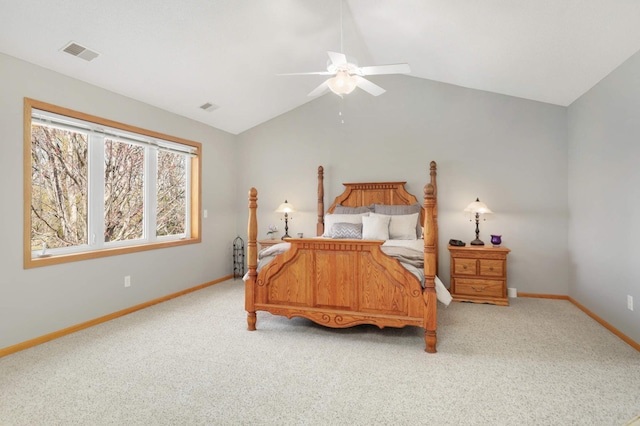 bedroom with visible vents, baseboards, and light carpet
