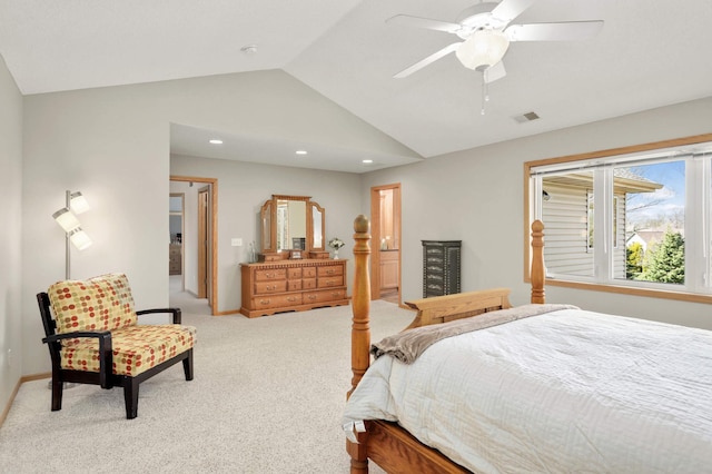 bedroom featuring recessed lighting, carpet floors, baseboards, visible vents, and lofted ceiling