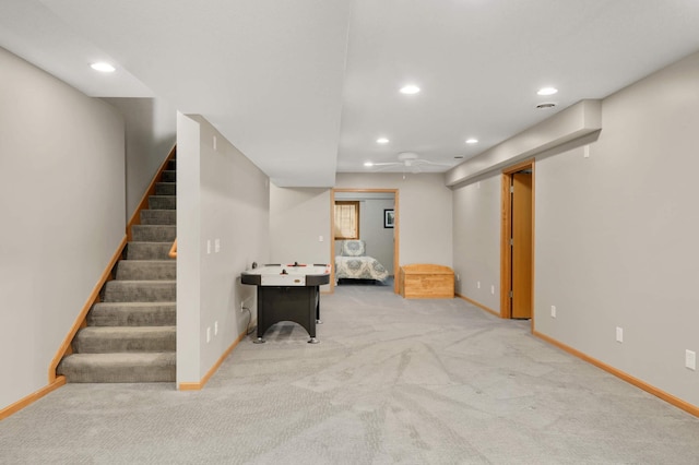 interior space featuring carpet, recessed lighting, stairway, and baseboards