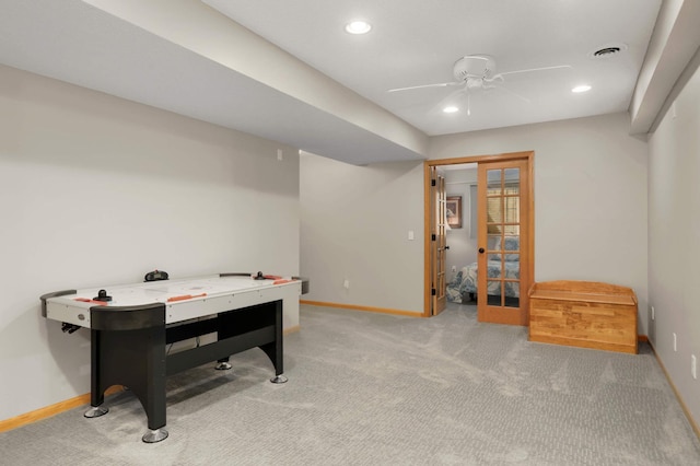 rec room with recessed lighting, ceiling fan, visible vents, baseboards, and carpet floors