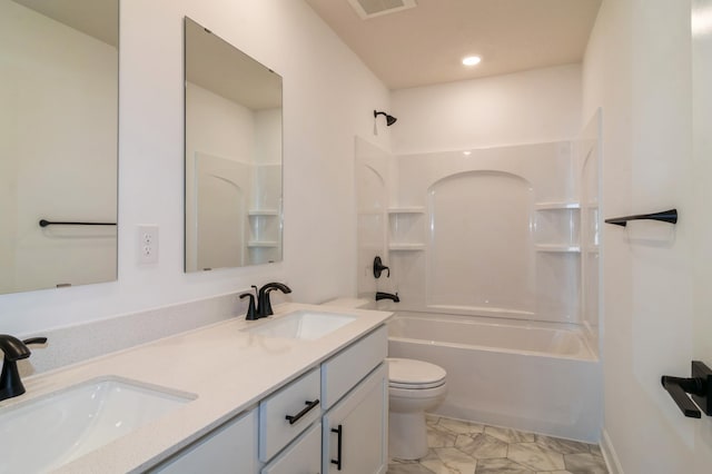 10037 73rd Ln NE, Otsego, MN 55330 - bathroom with toilet, double vanity, shower / bathtub combination, and marble look tile flooring