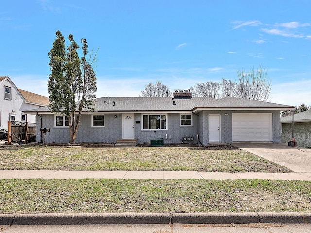 ranch-style house featuring a chimney, entry steps, concrete driveway, brick siding, and a garage