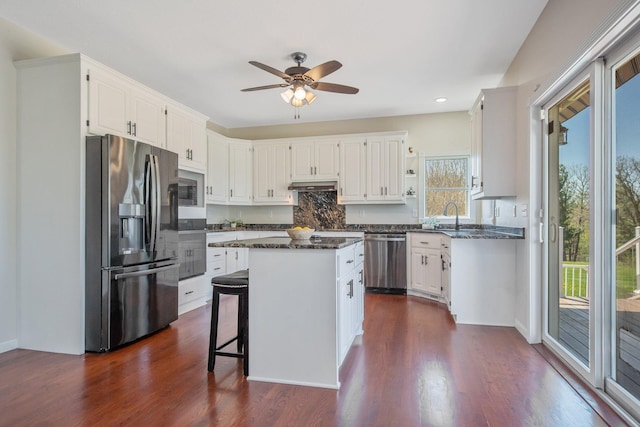12446 190th St, Page Twp, MN 56353 - kitchen featuring appliances with stainless steel finishes, under cabinet range hood, decorative backsplash, recessed lighting, and a kitchen island