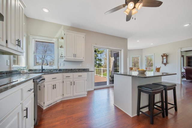 12446 190th St, Page Twp, MN 56353 - kitchen featuring healthy amount of natural light, a kitchen breakfast bar, stainless steel dishwasher, dark wood-style floors, and recessed lighting