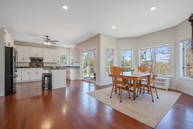 12446 190th St, Page Twp, MN 56353 - dining area with recessed lighting, dark wood-style flooring, radiator heating unit, and a ceiling fan