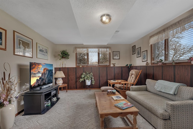 living room featuring carpet, a textured ceiling, and a wainscoted wall