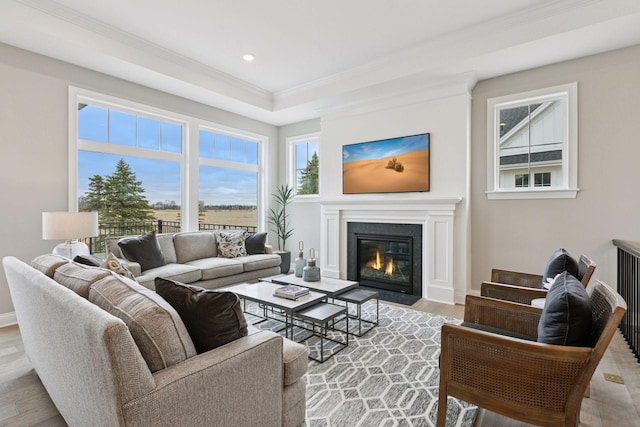 1571 Marsh Pointe Ct, Medina, MN 55340 - living area featuring a wealth of natural light, crown molding, recessed lighting, a fireplace with flush hearth, and light wood-style flooring