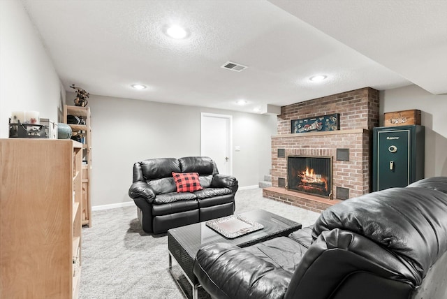 312 Walnut St, Taylors Falls, MN 55084 - carpeted living area featuring a brick fireplace, recessed lighting, a textured ceiling, and baseboards