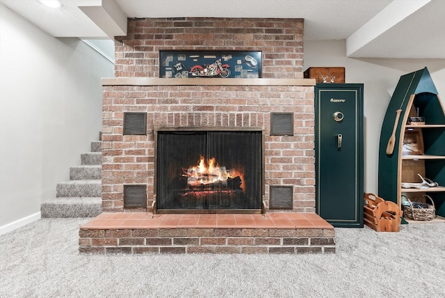 312 Walnut St, Taylors Falls, MN 55084 - detailed view of carpet floors, a brick fireplace, and baseboards