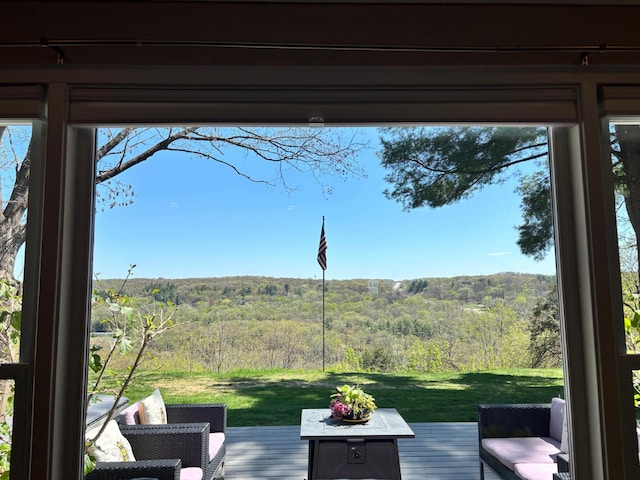 312 Walnut St, Taylors Falls, MN 55084 - view of patio / terrace with a wooded view, a deck, and an outdoor hangout area