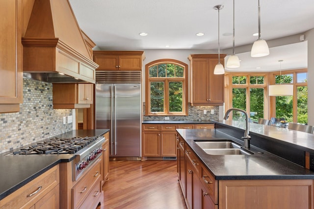 9726 Whistling Valley Rd, Lake Elmo, MN 55042 - kitchen featuring stainless steel appliances, a sink, custom exhaust hood, dark countertops, and plenty of natural light